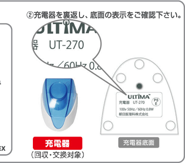 ②充電器を裏返し、底面の表示をご確認下さい。